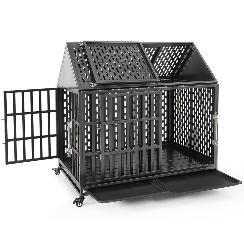 Tucker Murphy Pet 46 Inch Heavy Duty Dog Crate with Self Locking Latches Large Kennel Indoor Removable Trays And Lockable Wheels Chew Proof Cage With Pointed Roof For High Anxiety Dogs Reviews